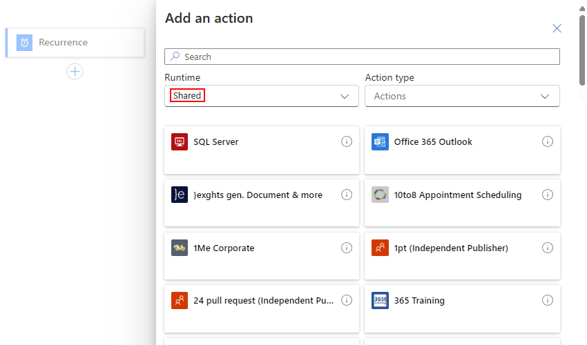 Screenshot shows Azure portal, the designer for Standard logic app workflow with a trigger, and Shared connectors with actions gallery.