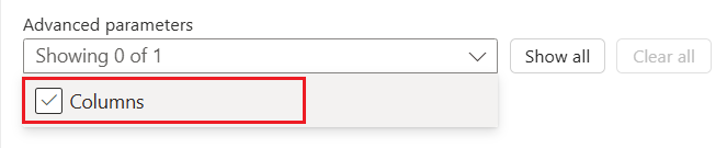 Screenshot shows Standard workflow and Columns parameter selected in the Advanced parameters list.