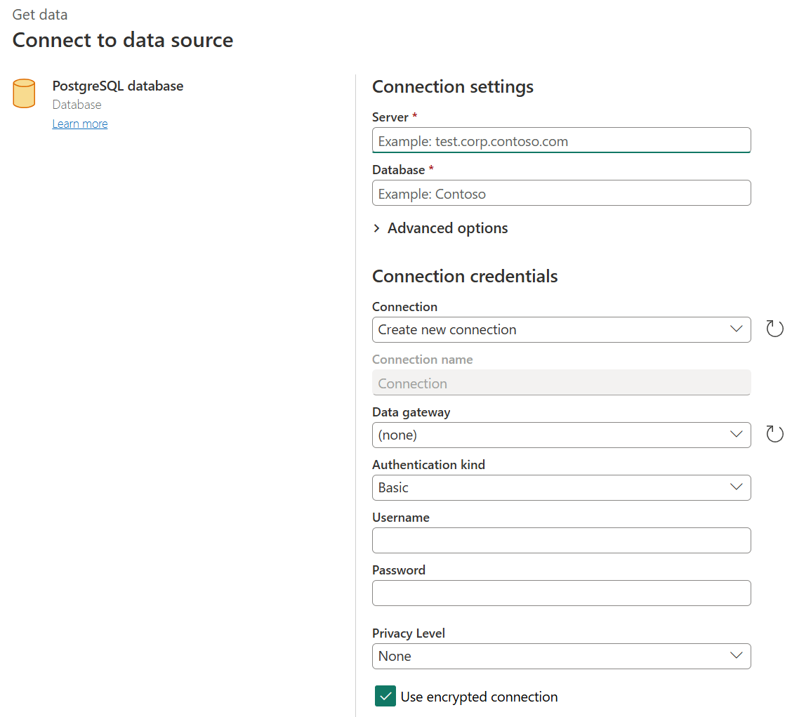 PostgreSQL connection builder in Power Query Online.