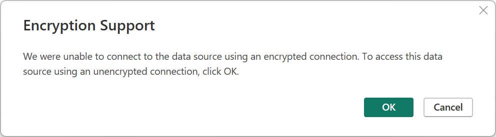 Screenshot of the SQL Server database encryption support warning.